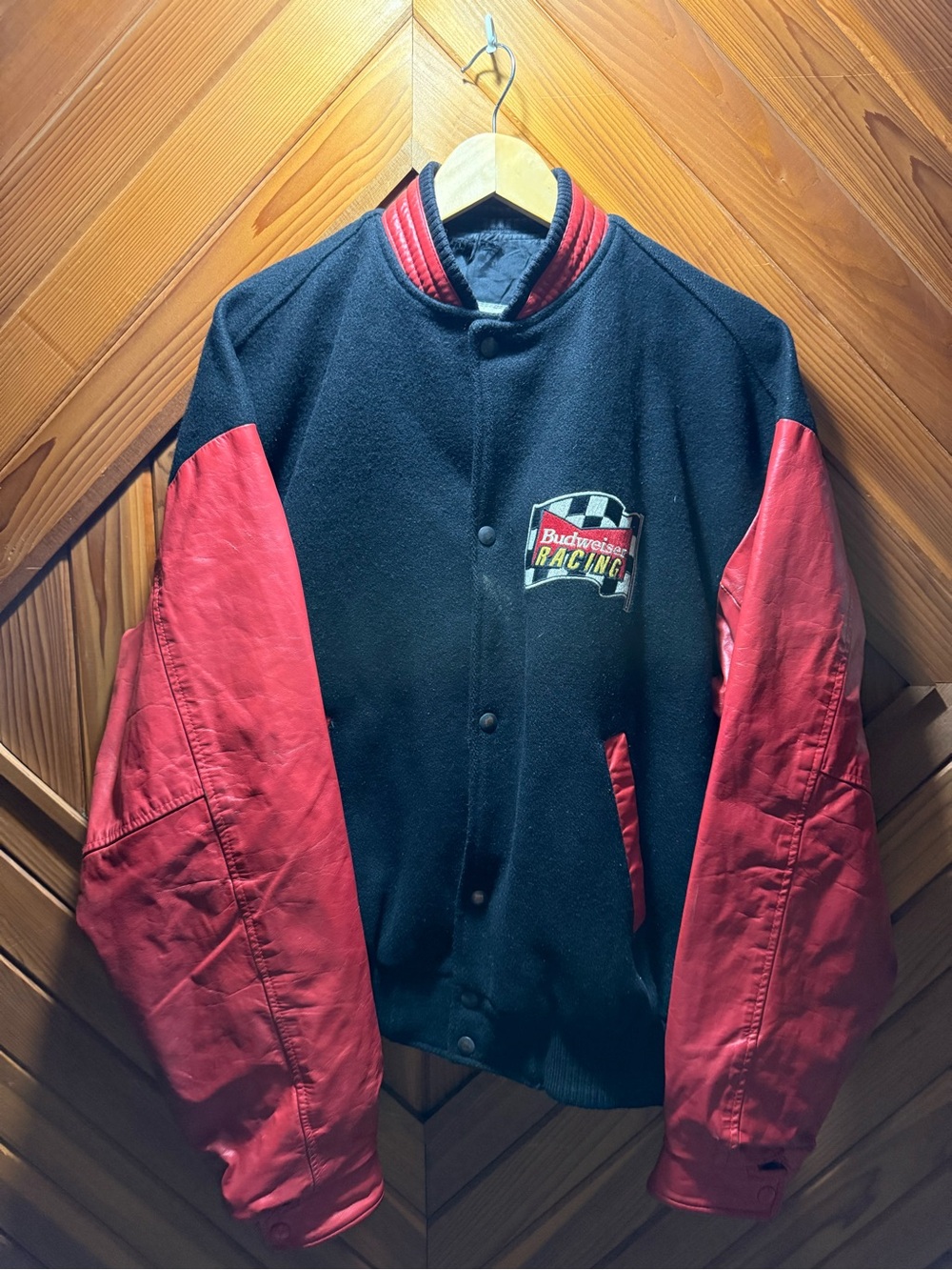 Budweiser Black and Red Racing Varsity Bomber Jacket